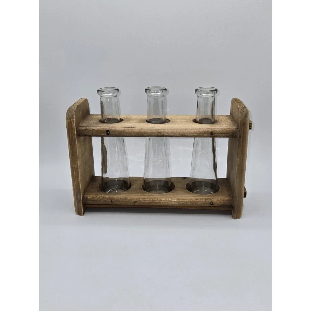 Rustic Wooden 3 Tube Propagation Station with Fixed Glass Bottles